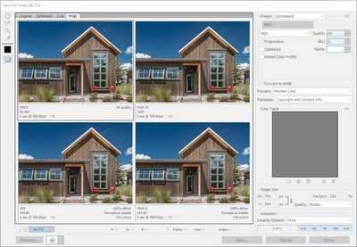 Photo of a house in a mountain setting being saved for web using Photoshop in different formats