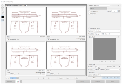 Photo of step-by-step sewing instructions setting being saved for web using Photoshop in different formats